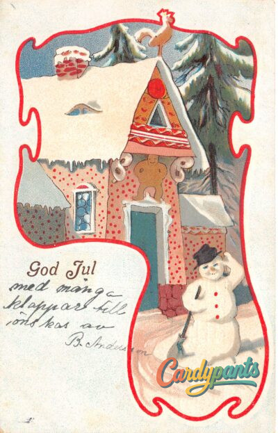 Snowman Beside Snowy House with Rooster on Roof Postcard