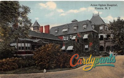 Elmira, NY Arnot Ogden Hospital Ivy-Covered Building with Tower Postcard