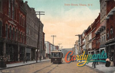 Ithaca, NY State Street Streetcar Scene with Buildings and Pedestrians Postcard